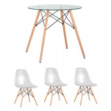 Обеденная группа Eames D80 стеклянный, 3 прозрачных стула Eames