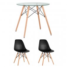 Обеденная группа Стол Eames D80 стеклянный, 2 стула Eames DSW черный